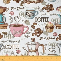 Homewish Colorful Coffee Cup Fabric by the Yard 1 Yard,Sweet Dessert Cake Home Decor Fabric by the Yard,Brown Coffee Beans Sewing Fabric For Girls Kids,Breathable Home Decor