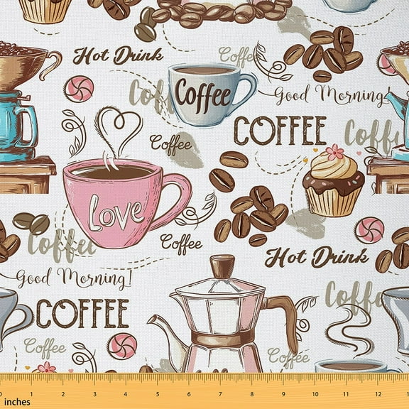 Homewish Colorful Coffee Cup Fabric by the Yard 1 Yard,Sweet Dessert Cake Home Decor Fabric by the Yard,Brown Coffee Beans Sewing Fabric For Girls Kids,Breathable Home Decor