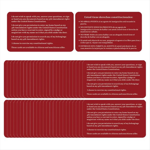 Tarjeta Roja de Inmigración "Conoce Tus Derechos" - Recordatorio de Derechos Constitucionales para Encuentros Migratorios (Inglés y Español) (50 Unidades)