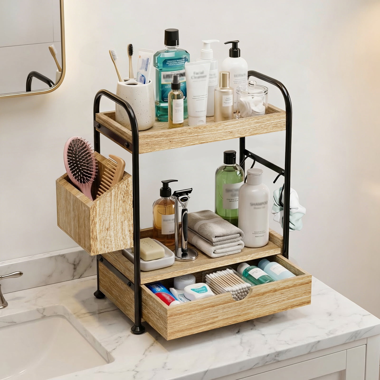 2 Tier Bathroom Counter Organizer with Drawer, Wooden Vanity Skincare Storage Shelf with Thickened Iron Frame, Countertop Shelves with Basket and Hooks for Bathroom Makeup Organization (Light Brown)