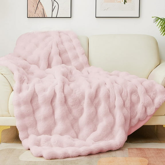Pink Faux Fur Throw Blanket for Couch Bubble Cute Soft Warm Comforter Thick Furry Blanket for Sofa Bedroom Cozy Blankets for Women Gift Luxury Blanket for All Seasons 50''x60'', 860gsm