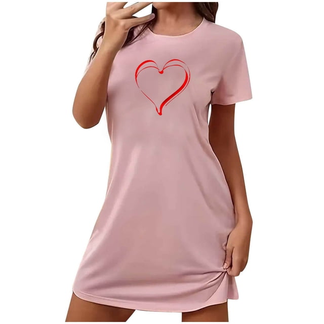 Jgppe Robe de Nuit pour Femmes Saint-Valentin Imprimée Manches Courtes Col Rond