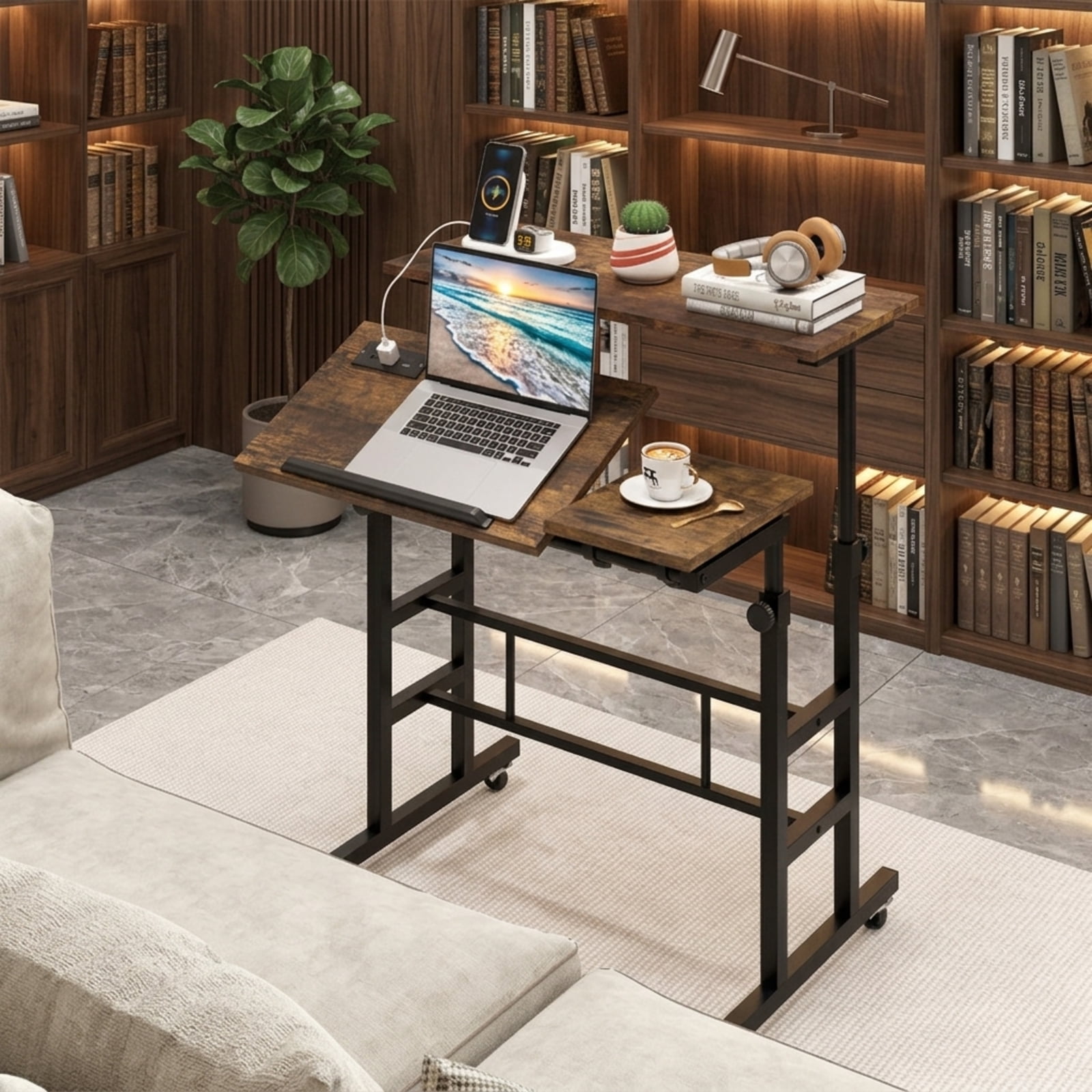 Furnibear Height Adjustable Mobile Standing Desk with Power Outlets Tilting Tabletop Rolling Laptop Cart and Wheels for Home Office, Rustic Brown