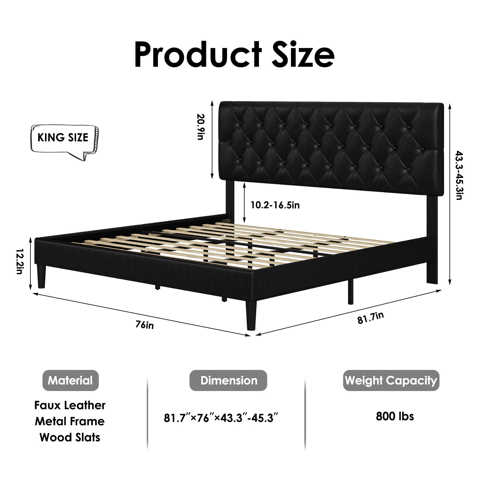 Buy Homfa King Bed Frame, Black Faux Leather Upholstered Button Tufted