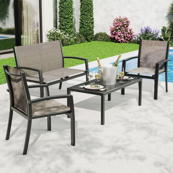 4 Piece Patio Bistro Furniture Set, Outdoor Conversation Set with 3 Chairs, Loveseat & Glass Coffee Table, All-Weather Textilene Fabric & Steel Frame for Backyard, Poolside, Porch, Lawn - Brown
