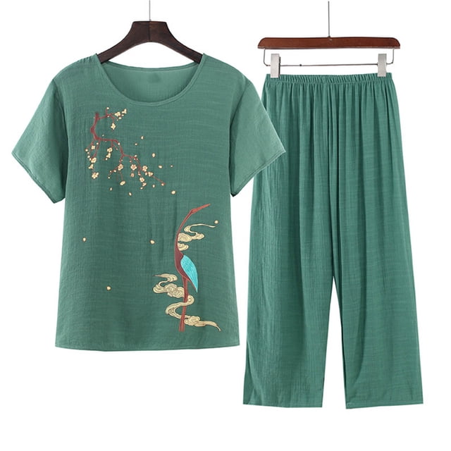 Blouses pour Femmes, Ensemble d'Été Décontracté Imprimé à Manches Courtes et Col Rond, Haut et Pantalon, Costume Mince pour la Maison