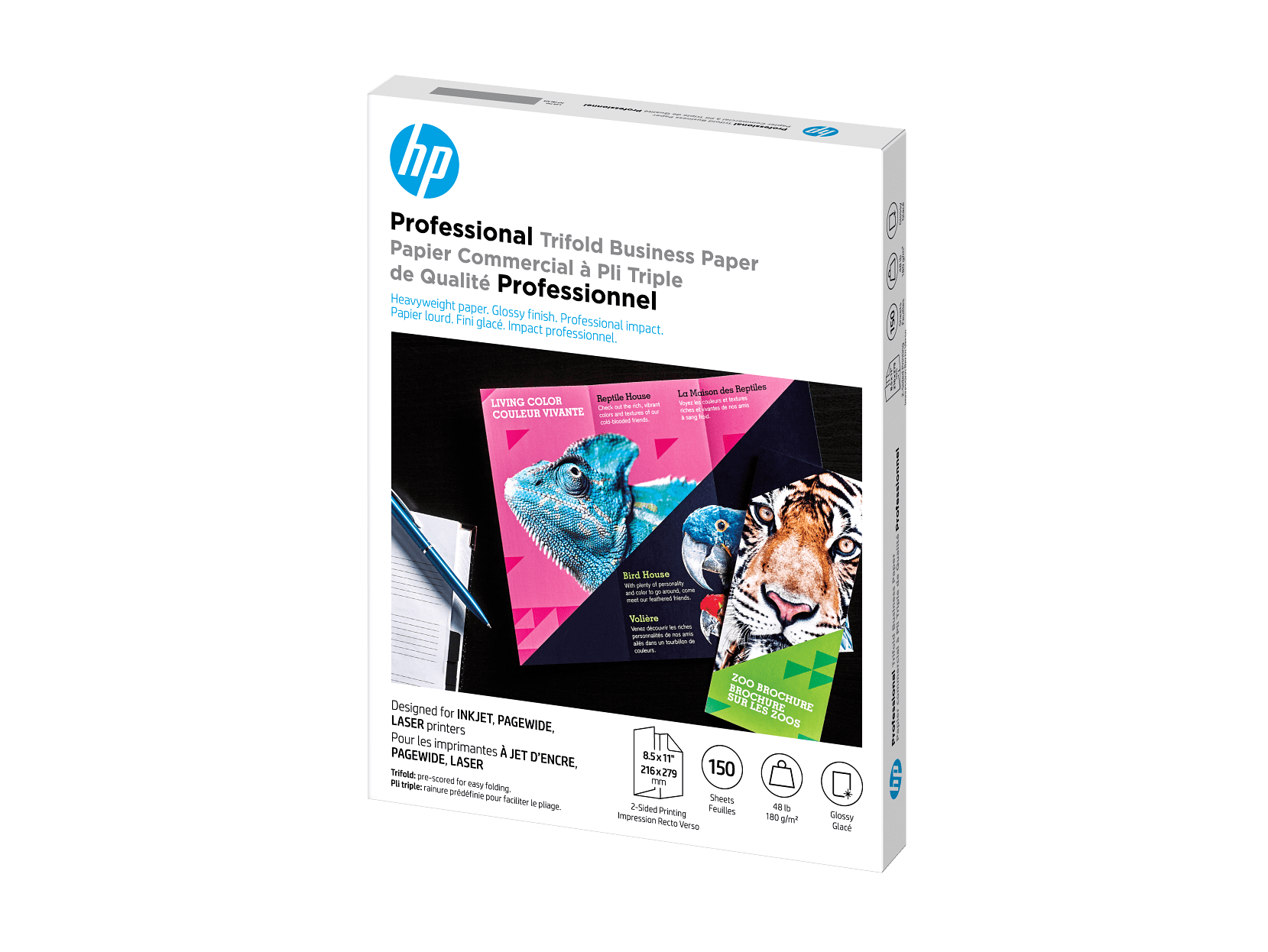 HP Professional Tri-Fold Business Paper, Glossy, 48 lb, 8.5 x 11 in. (216 x 279 mm), 150 sheets 4WN12A