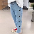 thumbnail image 2 of Mercatoo Little Girls Cute Heat Embroidered Jeans Toddler Baby Elastic Waist Denim Pants Kid Loose Fit Casual Trouser with Pocket, 2 of 4
