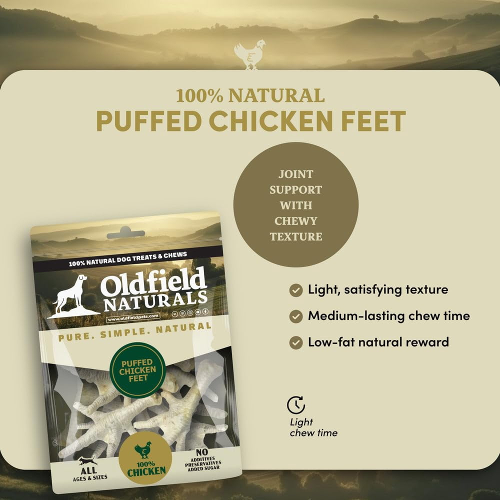 Oldfield Naturals Puffed Chicken Feet Dog Treats, Dehydrated Chicken Feet for Dogs, Light Crispy Chicken Chews, Single Ingredient High Protein Dog Snacks for Multi-Dog Homes, 4 lb 6 oz Bag