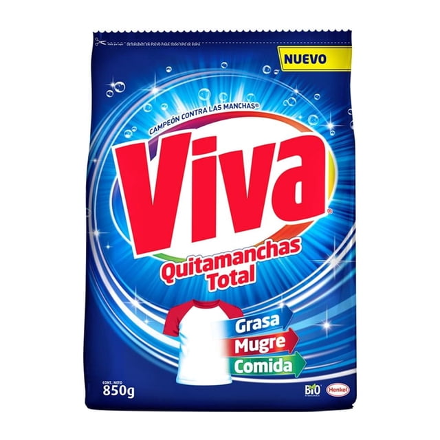 detergente en polvo viva regular quitamanchas total 850 g paquete frontal con logo Viva en rojo sobre fondo azul radial; texto 'Quitamanchas Total', banderas que indican 'Grasa, Mugre, Comida', peso 850 g y sello 'Nuevo', diseñado para lavado de ropa y remover manchas difíciles.