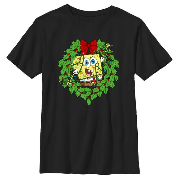 Girl's SpongeBob SquarePants Christmas Wreath Graphic Tee Black X Large