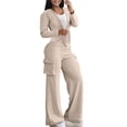 thumbnail image 3 of Ihhxva Women's Two Piece Set Cargo Wide Leg Pants with Multi-Pockets Relaxed Fit Outfit Casual Streetwear Cotton Jogger Tracksuit for Travel S-2XL, 3 of 9