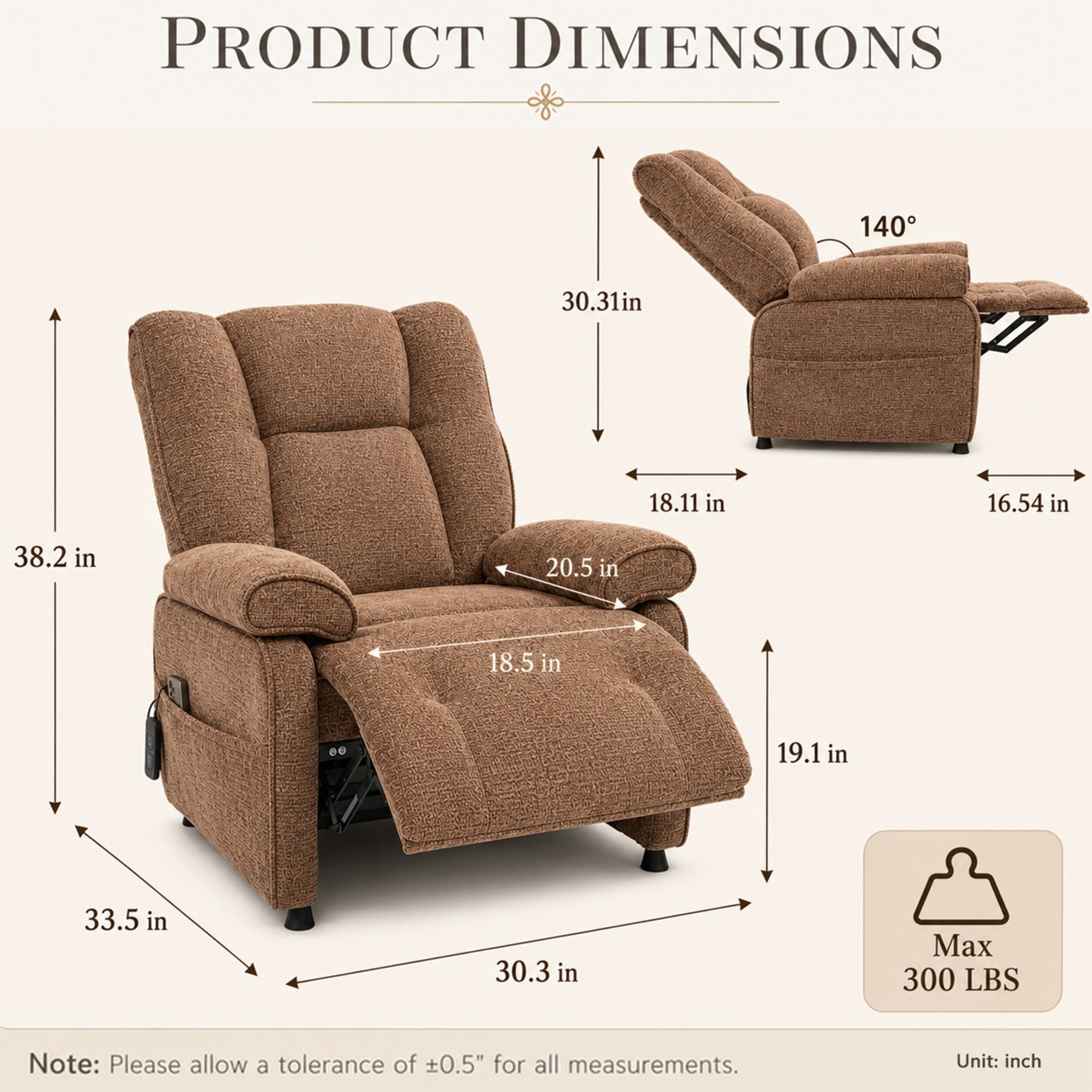 GDF Studio Rosane Electric Power Recliner Chair with Side Storage Pocket, Chenille Multi-Scene Lounge Chair, Dark Brown