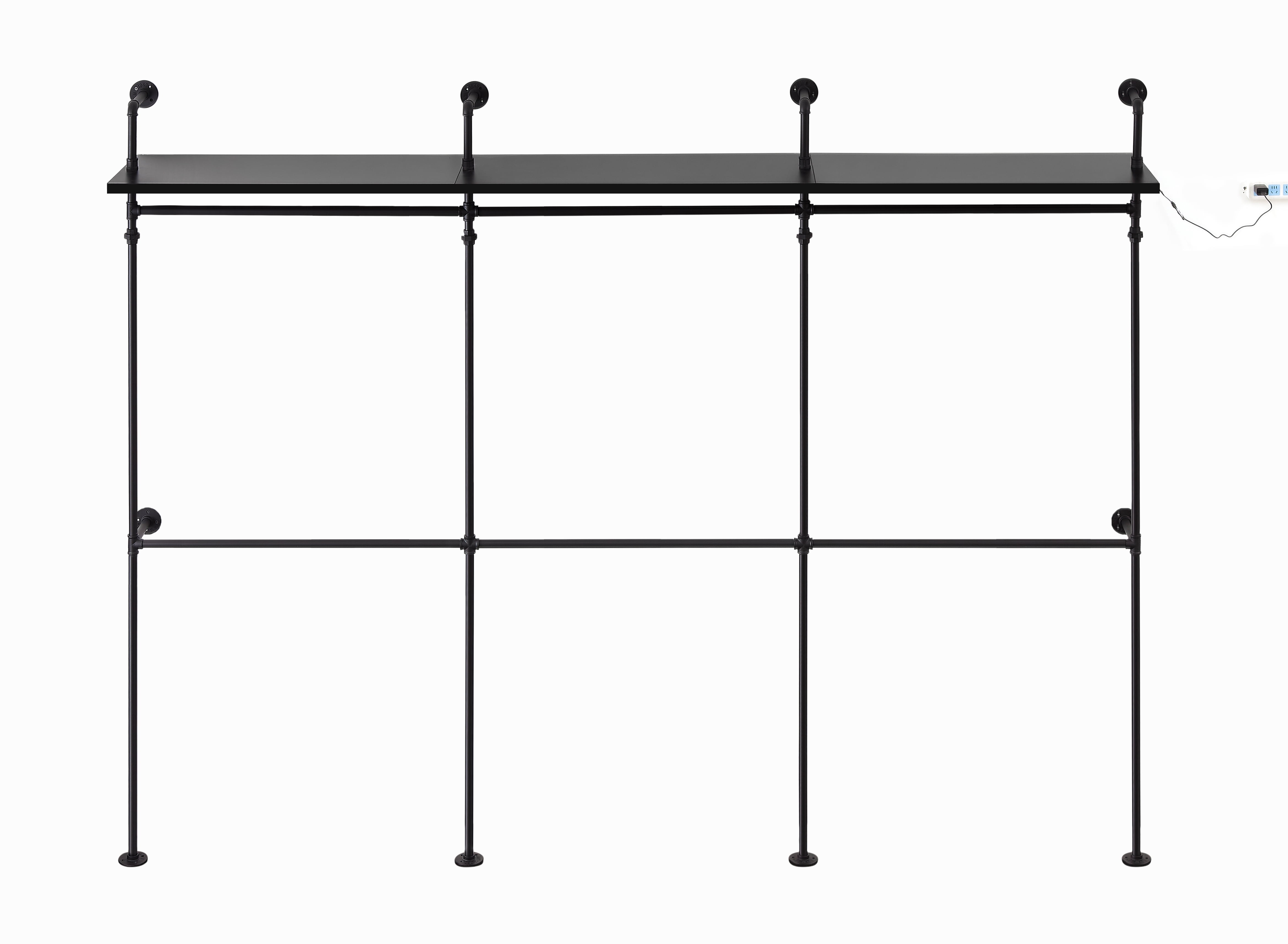 Industrial Pipe Clothing Rack, Reversible 118.3'' Clothes Rack for Hanging Clothes, Heavy Duty Garment Rack Closet Wardrobe Rack with LED Lights & Shelves, Walk-in Closet System, Black (Three)