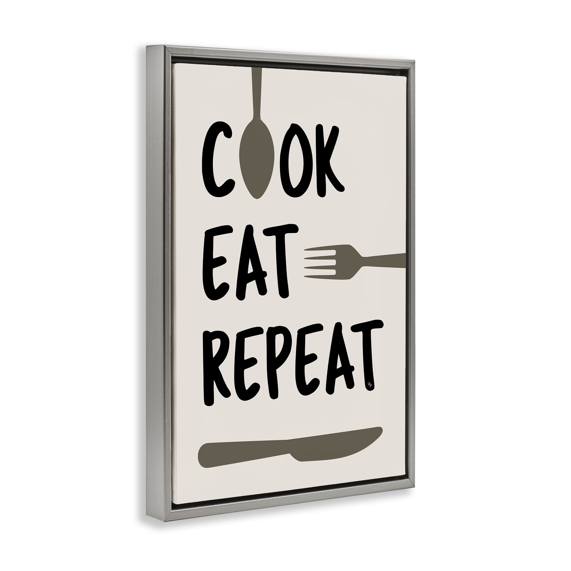 Stupell Industries Cook Eat Repeat with Utensils Gray Framed Floater Canvas Wall Art, design by Martina Pavlova
