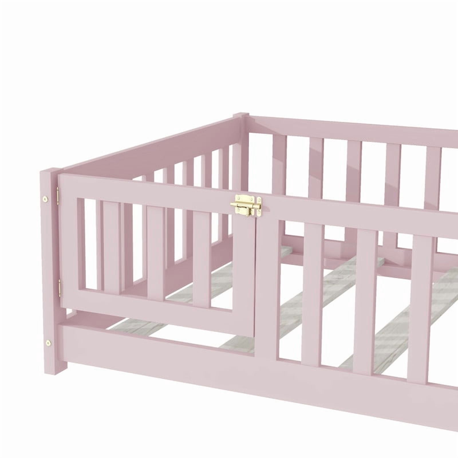 Mirightone Twin Size Floor Bed , Wood Montessori Floor Beds with Fence Railings, Door & Slats Support, Twin Playhouse Bed Frame, (Pink)