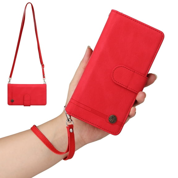 Mantto Galaxy Z Fold 3 5G Cover, Wallet Card Slot Crossbody/Shoulder Strap + Wristlet Strap Magnetic Premium PU Leather Zipper Pocket With Kickstand For Samsung Galaxy Z Fold 3 5G, Red