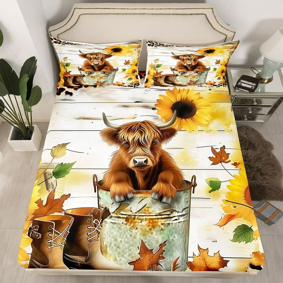 Erosebridal Highland Cow Fitted Sheet Twin Size Highland Cattle Bedding Set Teens Animal Bed Sheet Set Wildlife Bed Cover Room Decor Off White Bed Set(No Top Sheet)