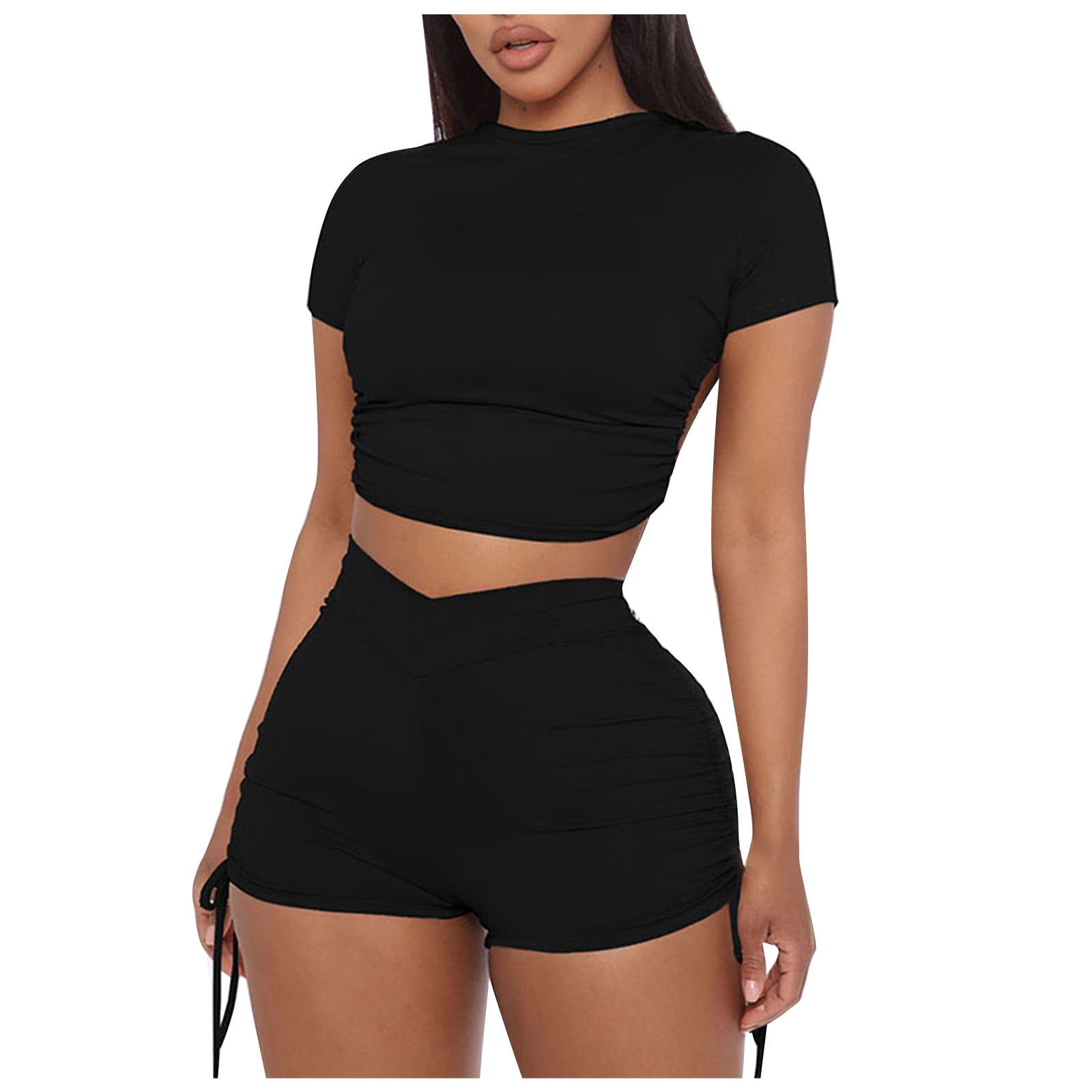 Piece Sets for Women Short Sleeve Backless Crop Top and High