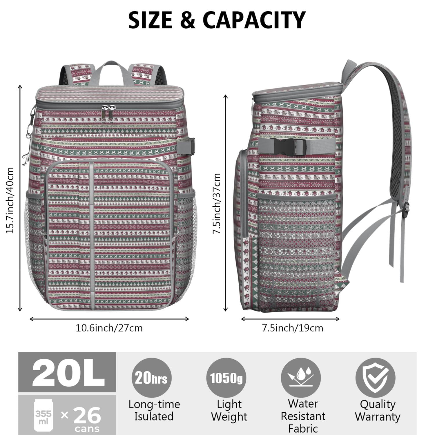 Travel Cooler Bag - Green and Red Christmas Pattern Camping Beer Cooler Backpack with Bottle Opener- Waterproof Insulated Picnic Backpacks - Cooler Bag for Beach