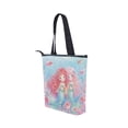 thumbnail image 3 of Large Capacity Canvas Tote Bag with Zipper, Durable Canvas & Leather Shoulder Handbag, All-over Print Tote for Work Commuter Shopping Travel Twin Little Mermaids Art, 3 of 7