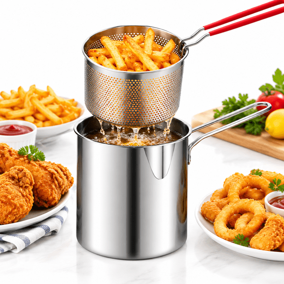 Mini Deep Fryer with Strainer Basket, Stainless Steel Small Fryer for Chicken Fries Snacks, Compact Countertop Pot, Pour Spout, Oil Saving, Easy Clean