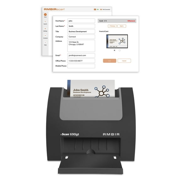 Ambir nScan DS690GT-BCS High-Speed Vertical Card Scanner with AmbirScan Business Card Software for Windows PC