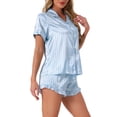 thumbnail image 4 of INSPIRE CHIC Women's Satin Pajama Sets Silky Lounge Sets Button Down Short Sleeve Shirt Ruffle Shorts 2 Piece Sleepwear L Blue Striped, 4 of 6