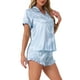 thumbnail image 4 of INSPIRAR CHIC Conjuntos de Pijamas de Satén para Mujeres, Conjuntos de Lounge de Seda, Camisa de Manga Corta con Botones, Pantalones Cortos con Volantes, Ropa de Dormir de 2 Piezas M Rayas Azules, 4 of 6