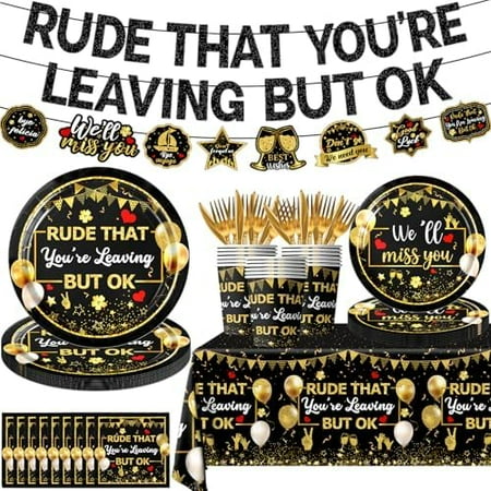 142pcs Going Away Party Decorations Rude That You’re Leaving But OK Party Supplies for Coworkers Retirement Leaving Farewell Paper Plates Napkins Banner We Will Miss You Decorations (Black)