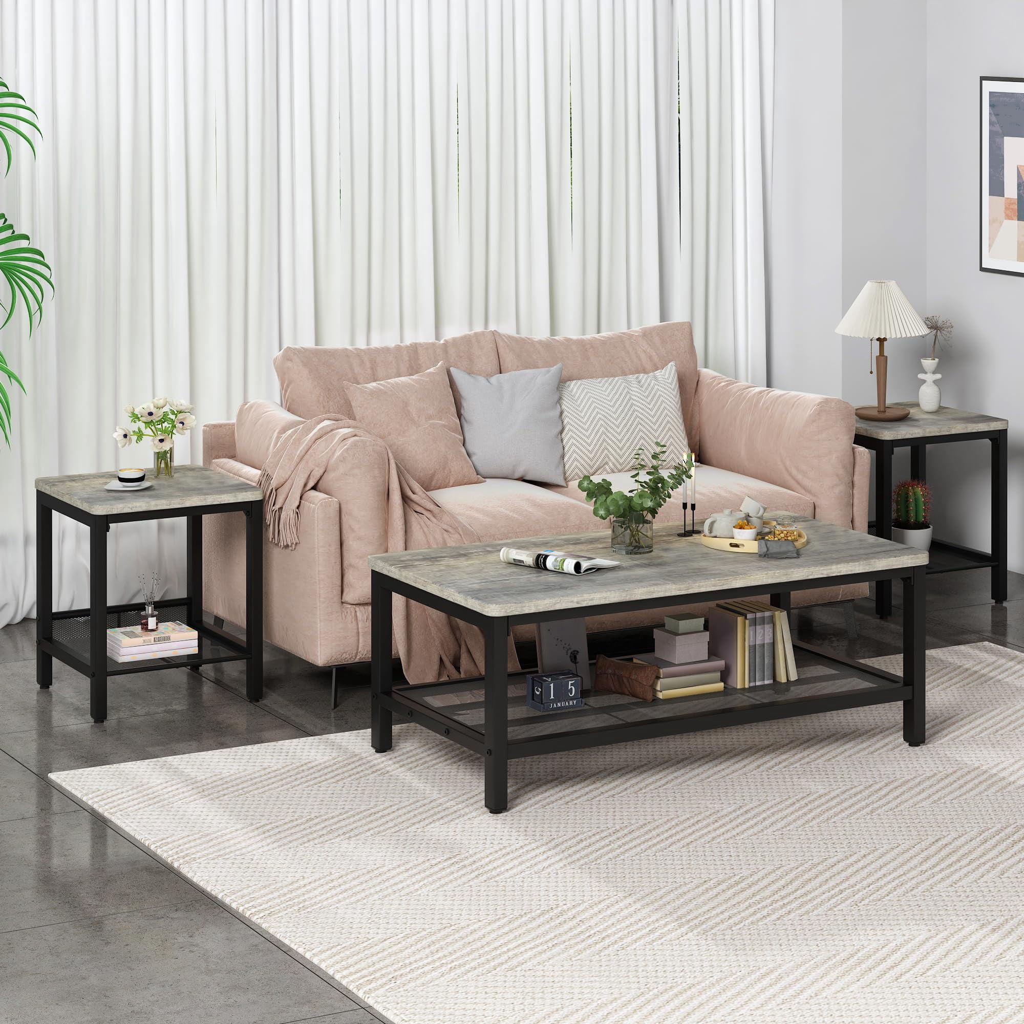 Cvortll Coffee Table Sets 3-Pieces, Modern Wood Coffee Table with 2 Square End Side Tables, Large Sturdy Coffee Table Set for Living Room, Grey