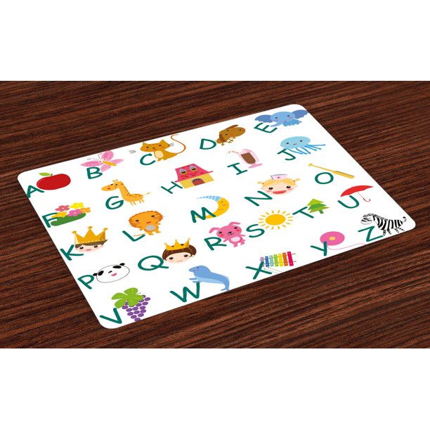 Educational Placemats Set of 4 Cute Kids Alphabet with Fruits Animals