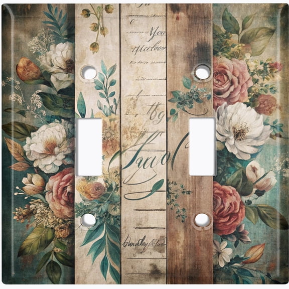 Metal Light Switch Wall Plate Outlet Cover (Printed Image of Floral Journal Pages - Double Toggle)