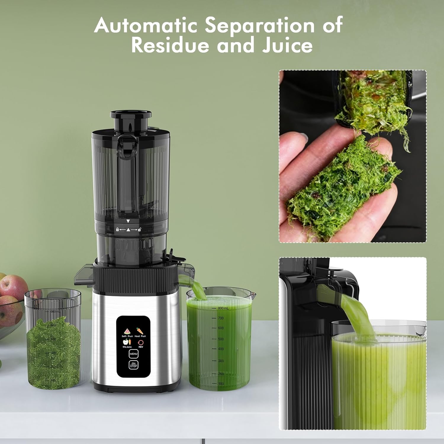 WAA Cold Press Slow Masticating Juicer 4.4" Feed Chute,High Juice Yield for Whole Fruits & Vegetables