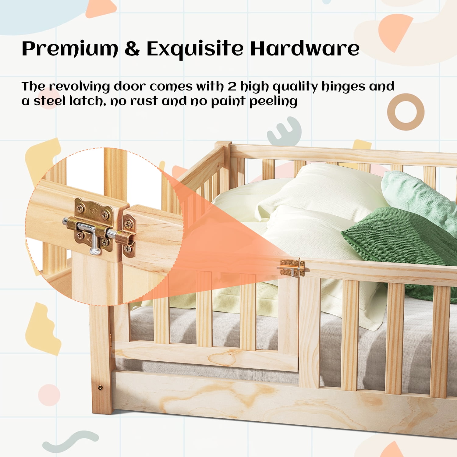 Queen Floor Bed for Kids, Sturdy Wood Montessori Bed Frame with Wood Slats, Fence & Door, Montessori Floor Bed for Girls and Boys, Natural (with Bed Slats)