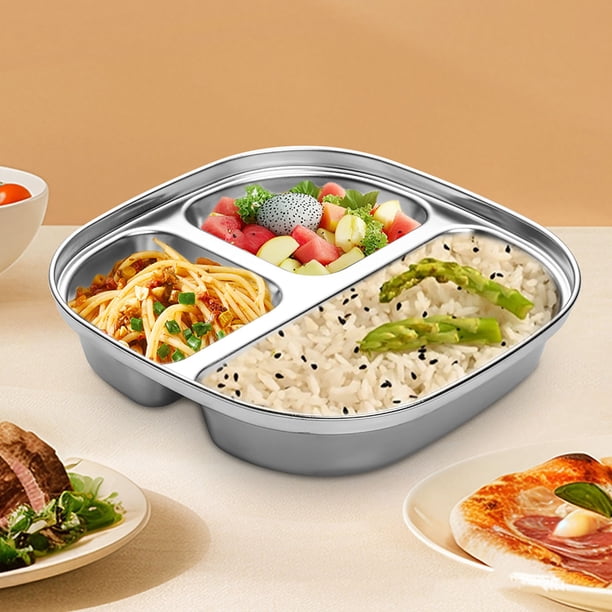 Plato de acero inoxidable 304 con compartimentos para estudiantes, bandeja de comida dividida con tapa, plato apilable para una dieta equilibrada para niños.