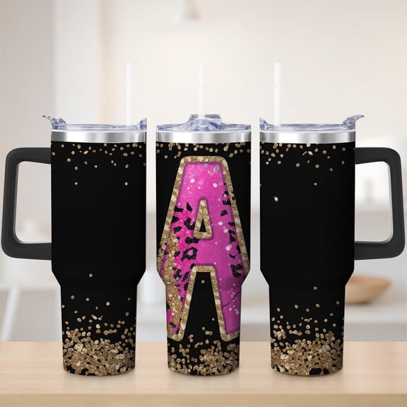 Monogram A Glitter Black Stainless Steel Tumbler, 30oz