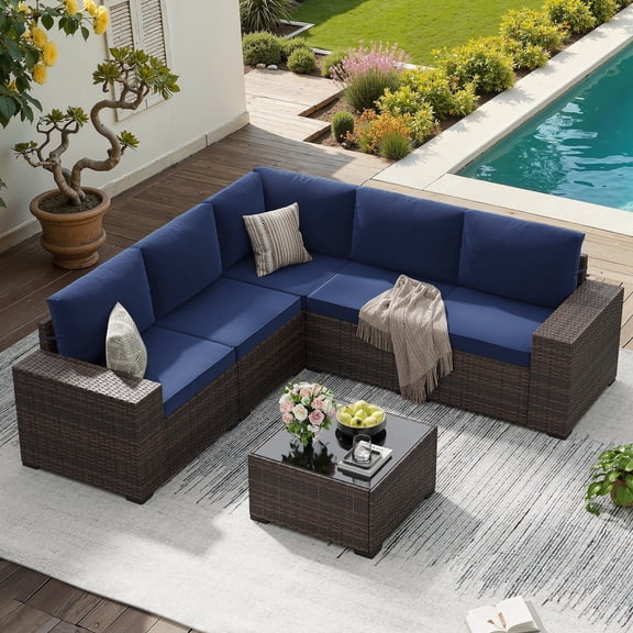 STARY 6 Pieces Outdoor Sectional Sofa with Wide Armrests, Patio Conversation Set, PE Rattan Furniture Set for Backyard, Blue