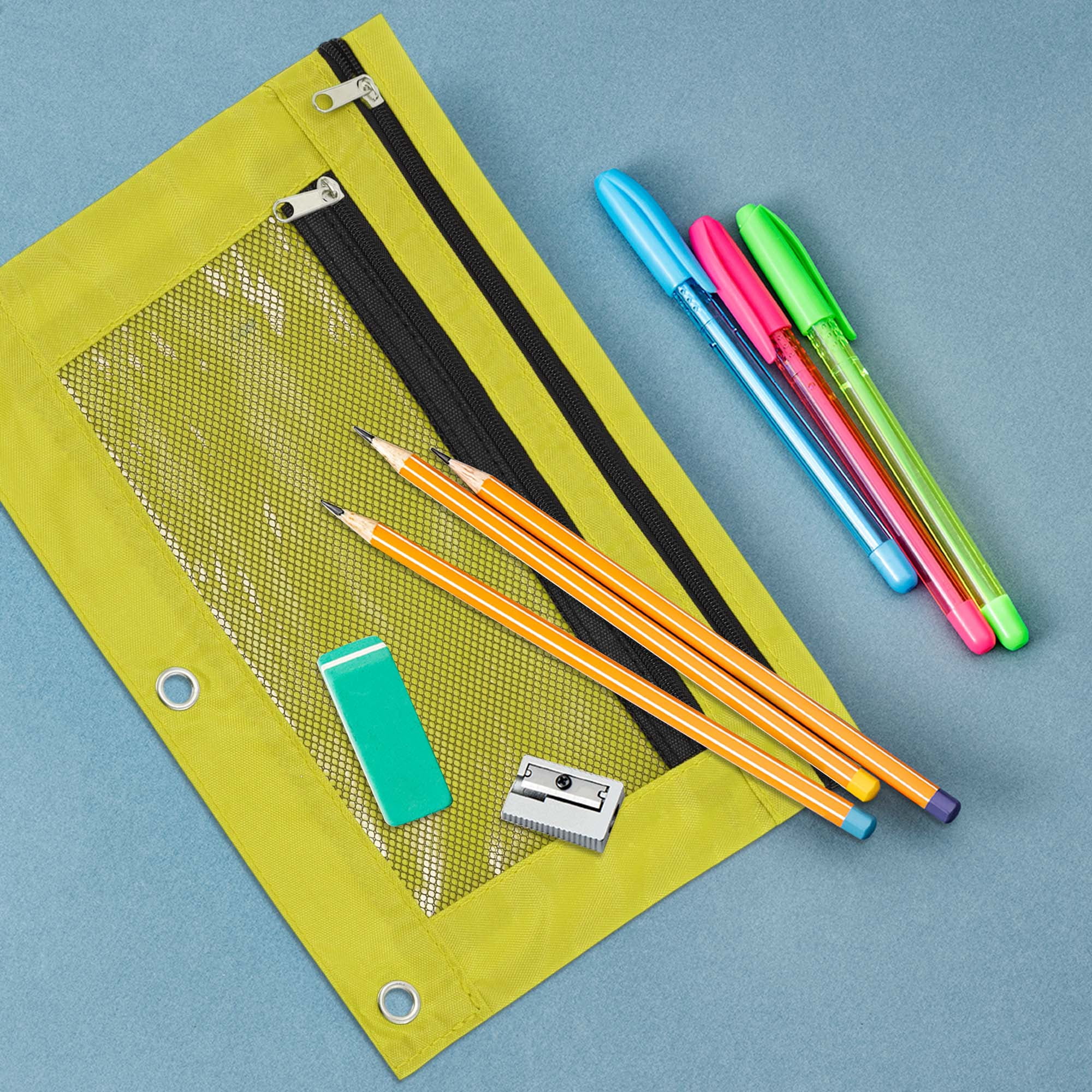 Unique Bargains Smooth Zipper Clear Mesh Double Layer Pencil Case for 3 Ring Binder Yellow