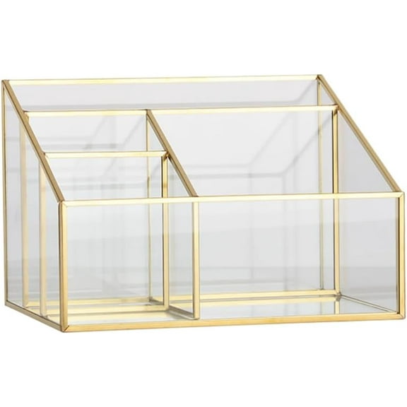 Glass Makeup Organizer with Gold Trim, Multi-Functional Cosmetic Storage Case for Vanity, 7.67 X 5.70 X 5.11 Inches