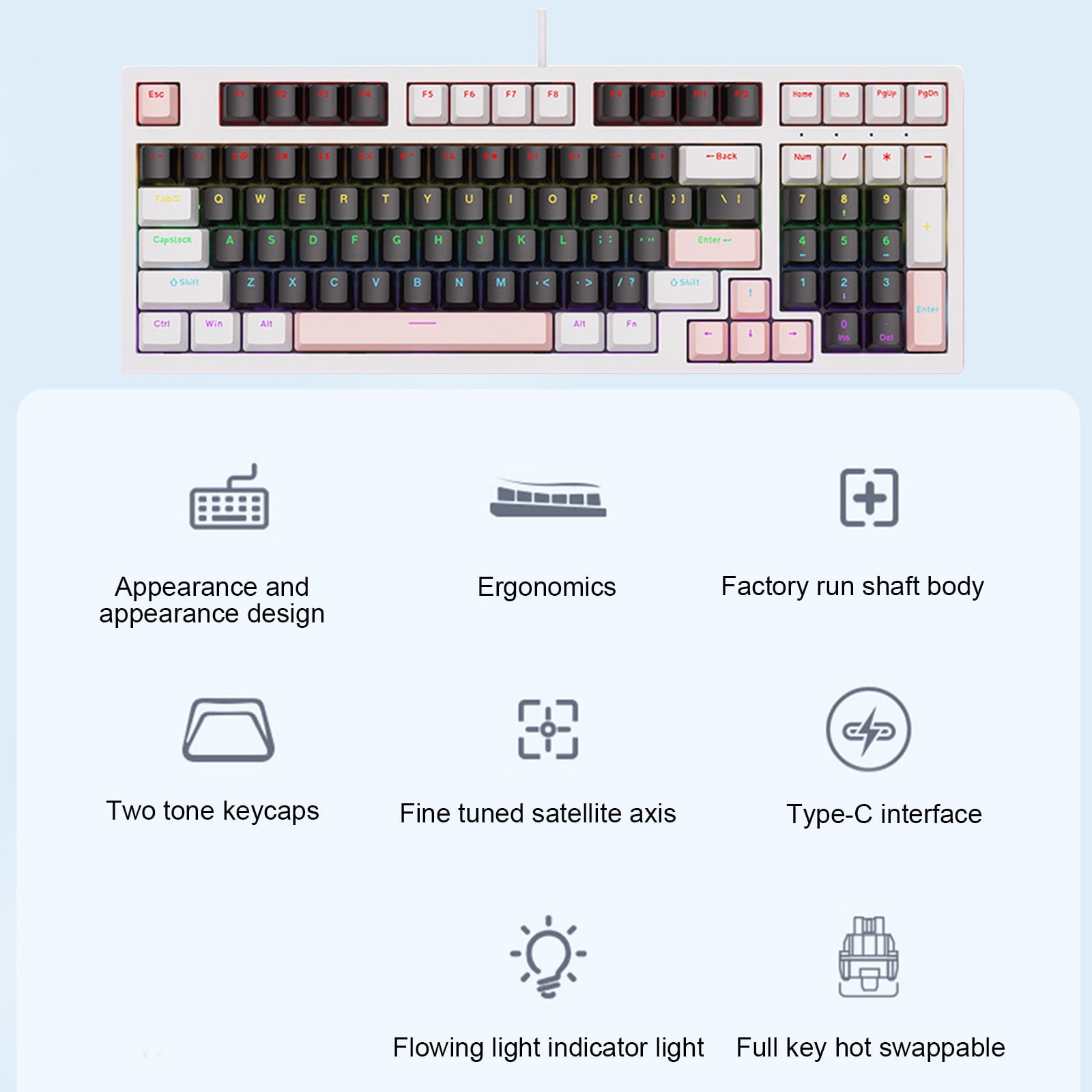 JGJJUGN Russian True Mechanical Keyboard Wired Gaming Keyboard Hot Swap Mechanical Gaming Keyboard Compact 98-Key RGB Backlit Keyboard with Ergonomic Design USB-C Interface