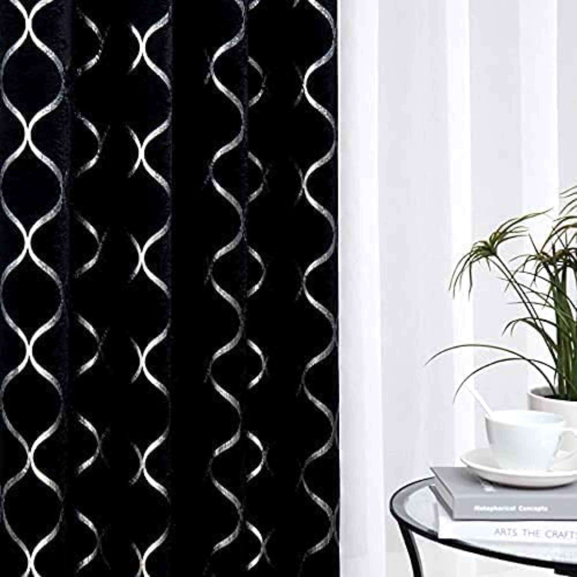Pinewave Black and Silver Mix Window Curtain Set with Moroccan Blackout Drapes and White Sheers, Grommet Top, 52"W x 63"L (4-Pack)