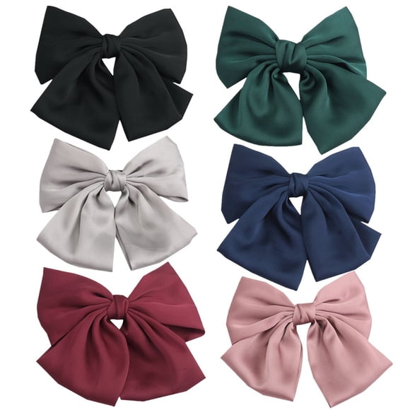 Set of 6 Big Satin Solid 8 Inch Bow Hair Clips Women Barrettes