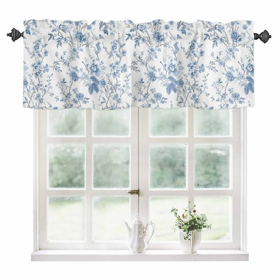 Blue White Spring Floral Kitchen Valances for Windows 60x18 Inch Kitchen Curtains Valances Rod Pocket Summer Botanical Birds Bathroom Window Valances for Window Treatment Decor