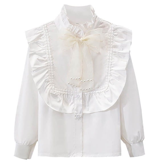 Girls White Ruffled Blouse with Detachable Pearl Bow, Long Puff Sleeve Fancy Top for Church Easter Party, Soft Stretch Dressy Kids Blouse,Size 7 T