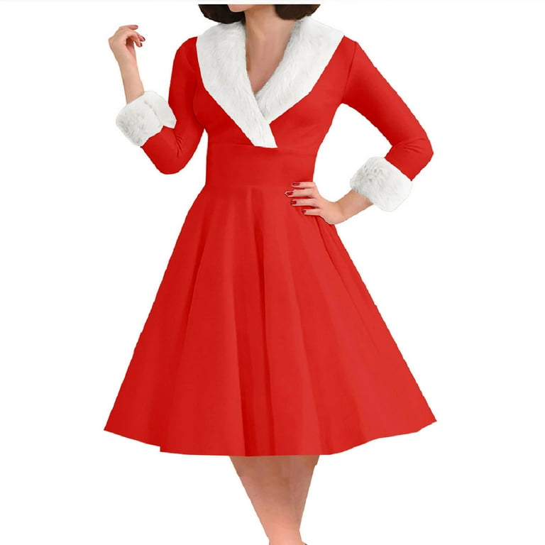 tea party dress winter Favipt Women Christmas Dresses Retro Furry Wrap V Neck Long Sleeve Rockabilly Dresses Swing Cocktail 2025 Red,XL, Women's not see through CollRoyalBlueTuxedos Chiffon Dusty Rose Floor Color:Enchanted Floral Blue Agate