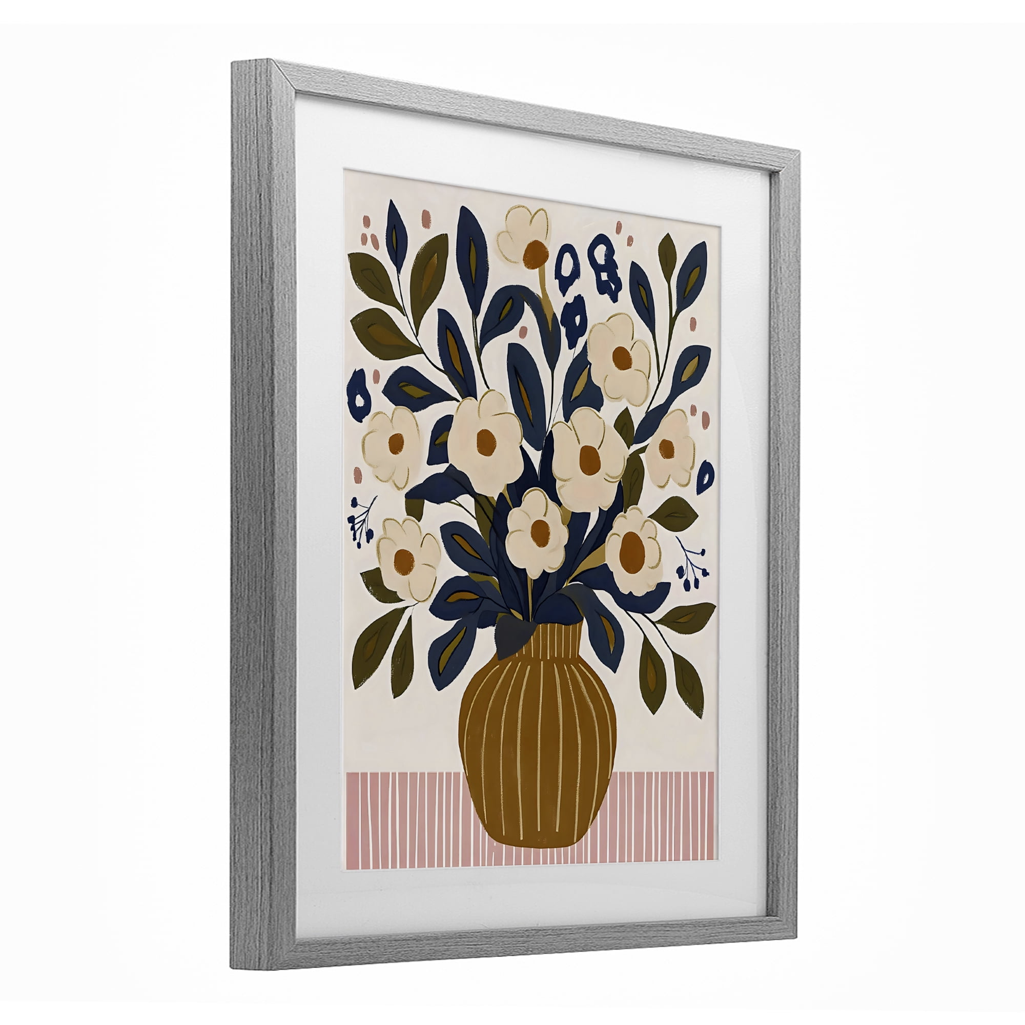 Stupell Industries Boho Floral Vase with Stripes Gray Framed Print Under Glass, design by Creative Studio