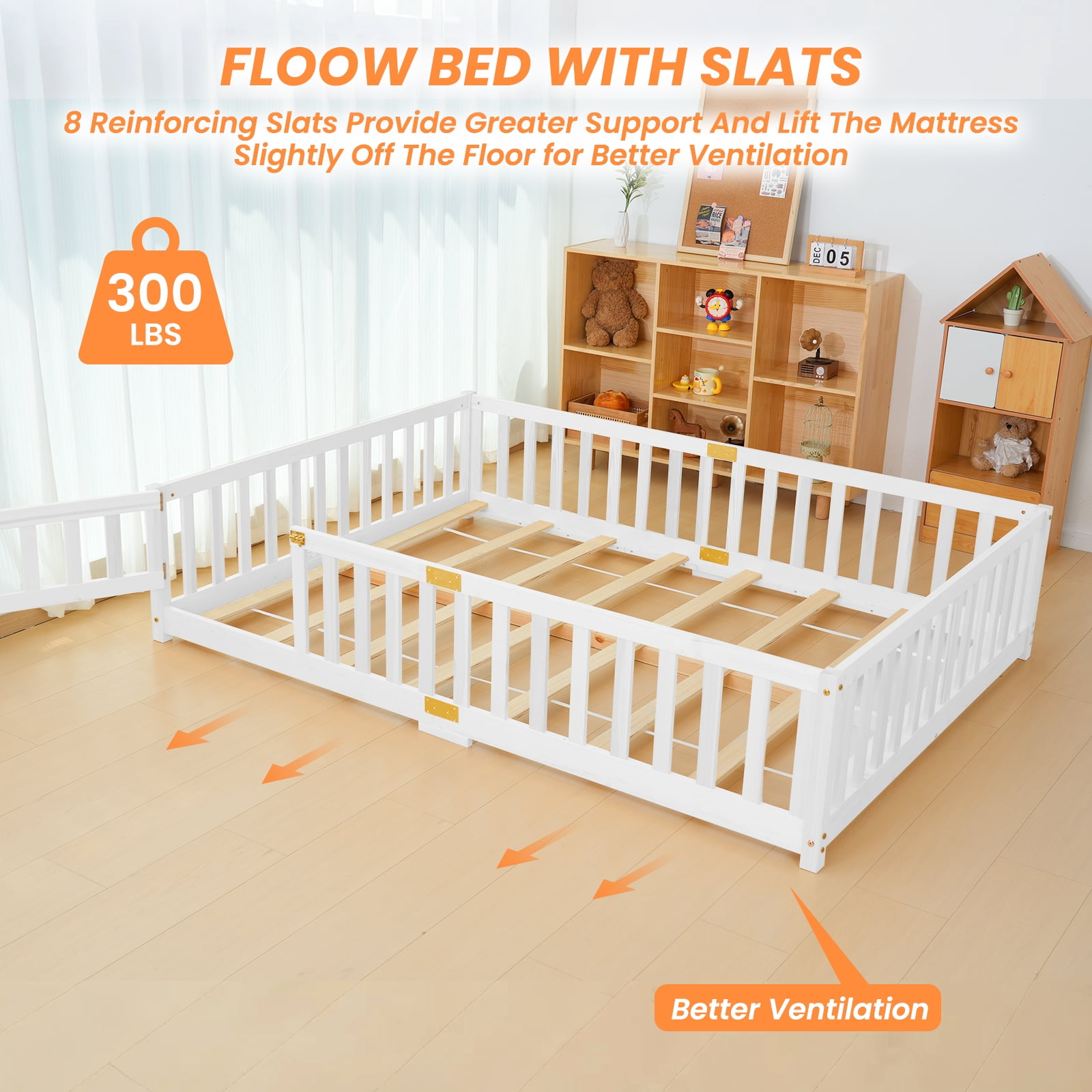 Slsy Full Size Toddler Floor Bed,Solid Wood Montessori Bed Frame with Fence & Door Montessori Floor Bed Crib with Safety Guardrails for Girls and Boys