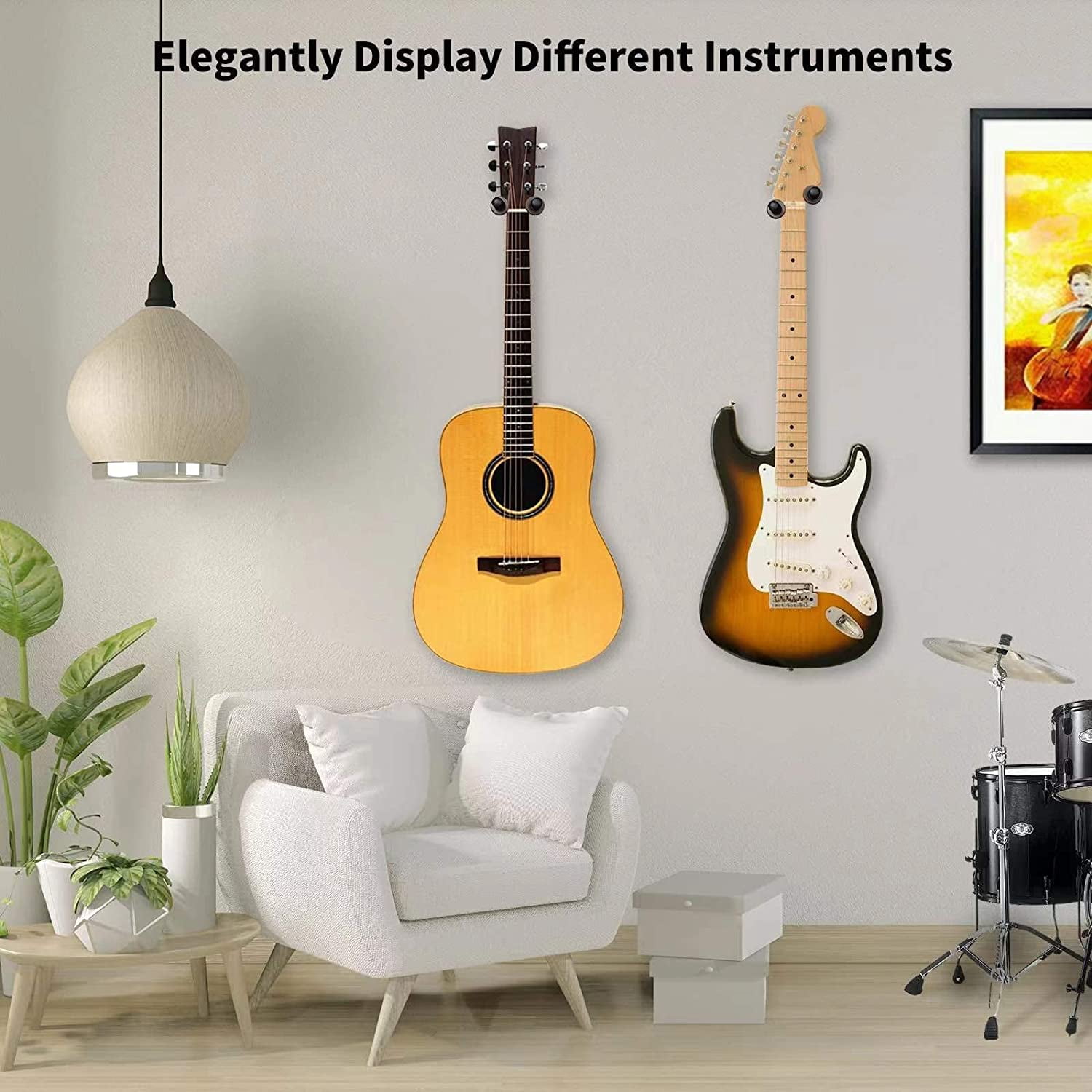 3 Pack Guitar Wall Mounts - Wooden Guitar Hangers with Hooks for Acoustic, Electric, Bass, Ukulele, Banjo, Mandolin
