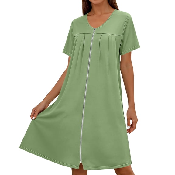 Admvng Womens Full Zip Front Home Dress Short Sleeve Nightgown Loose Pleated Sleepwear